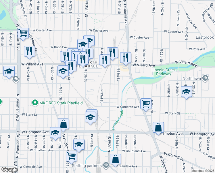 map of restaurants, bars, coffee shops, grocery stores, and more near 5104 North 32nd Street in Milwaukee