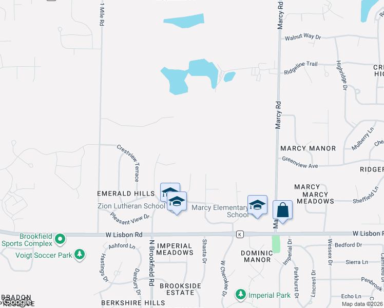 map of restaurants, bars, coffee shops, grocery stores, and more near W185N4989 Emerald Hills Drive in Menomonee Falls