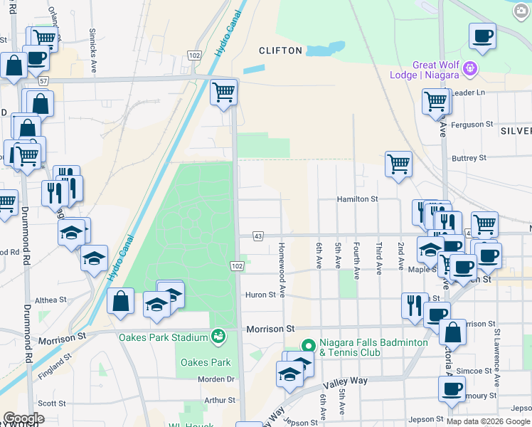 map of restaurants, bars, coffee shops, grocery stores, and more near 5367 Menzie Street in Niagara Falls