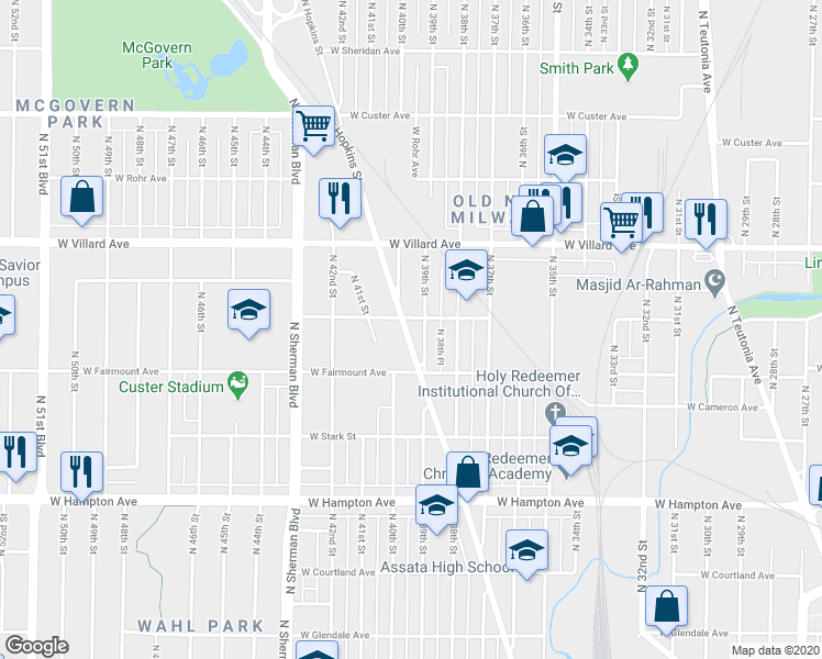 map of restaurants, bars, coffee shops, grocery stores, and more near 5056 North Hopkins Street in Milwaukee