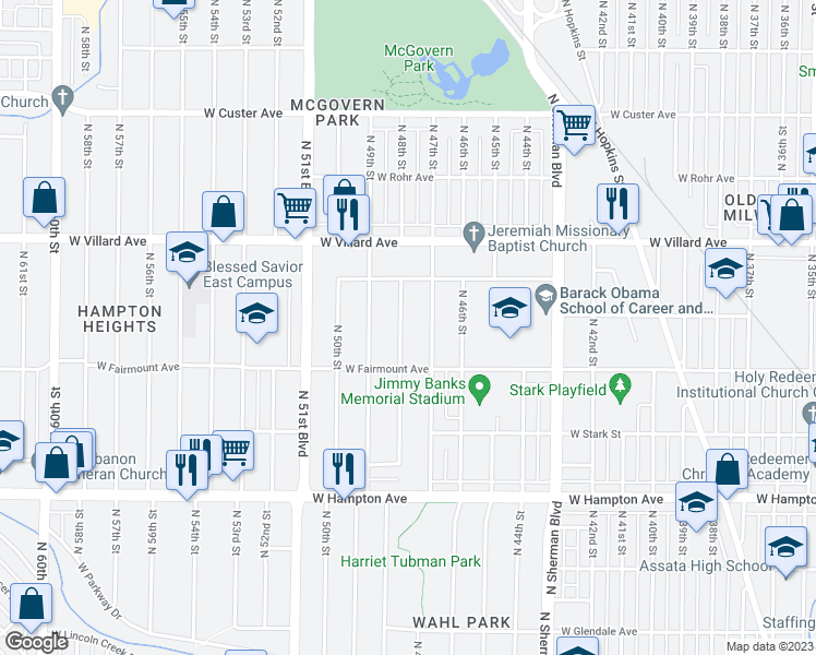 map of restaurants, bars, coffee shops, grocery stores, and more near 5054 North 48th Street in Milwaukee