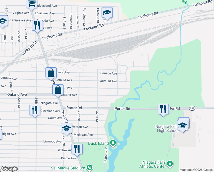 map of restaurants, bars, coffee shops, grocery stores, and more near 3235 Jerauld Avenue in Niagara Falls