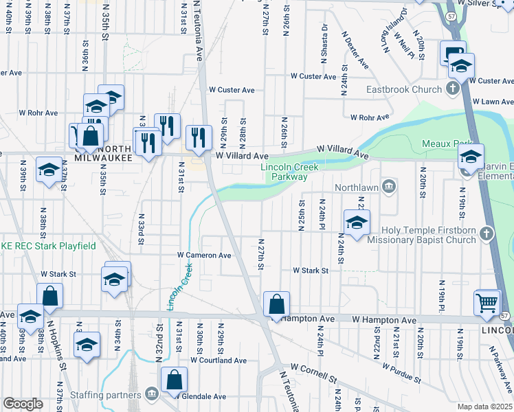map of restaurants, bars, coffee shops, grocery stores, and more near 5065 North 27th Street in Milwaukee