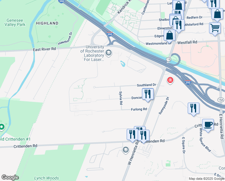 map of restaurants, bars, coffee shops, grocery stores, and more near 90 Southland Drive in Rochester