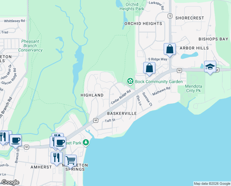 map of restaurants, bars, coffee shops, grocery stores, and more near 5705 Highland Way in Middleton