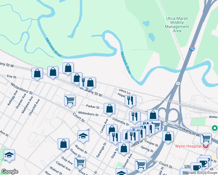 map of restaurants, bars, coffee shops, grocery stores, and more near 18 Bryant Street in Utica