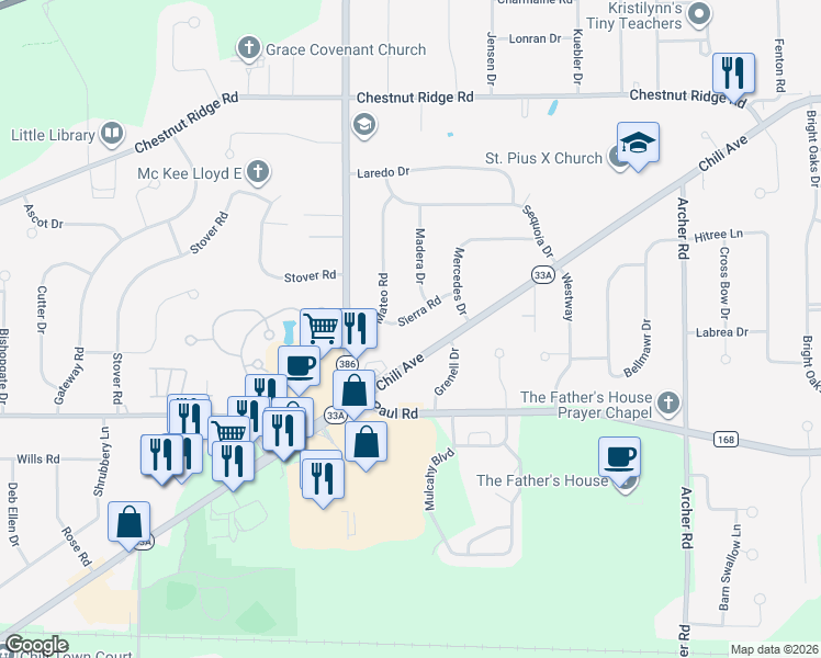 map of restaurants, bars, coffee shops, grocery stores, and more near 18 Sierra Road in Rochester