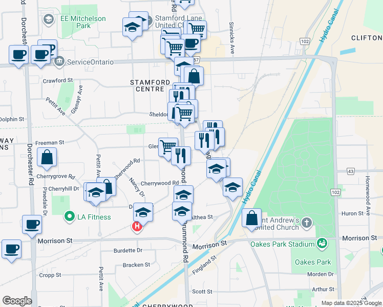 map of restaurants, bars, coffee shops, grocery stores, and more near in Niagara Falls