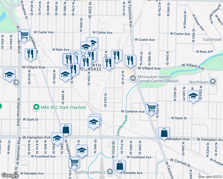 map of restaurants, bars, coffee shops, grocery stores, and more near 5104 North 32nd Street in Milwaukee