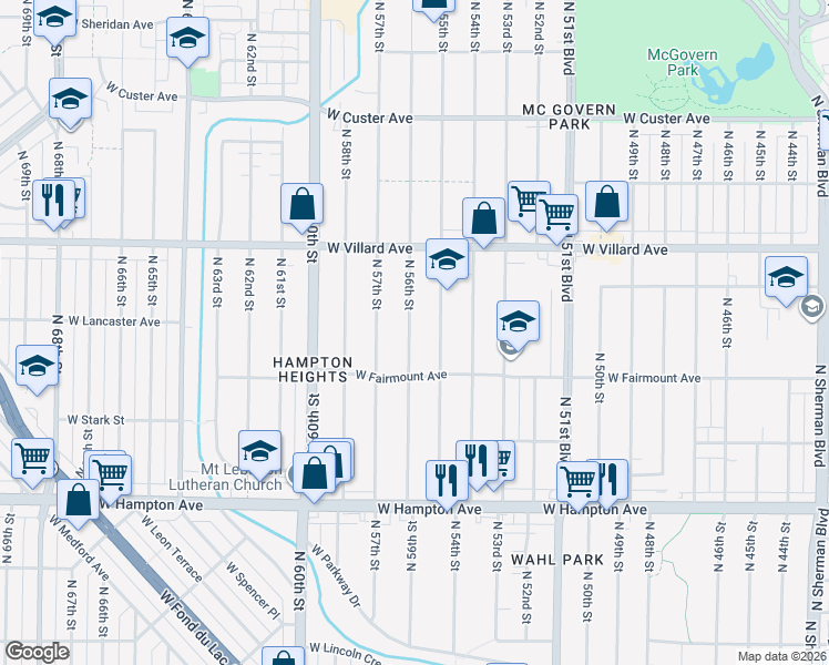 map of restaurants, bars, coffee shops, grocery stores, and more near 5070 North 56th Street in Milwaukee