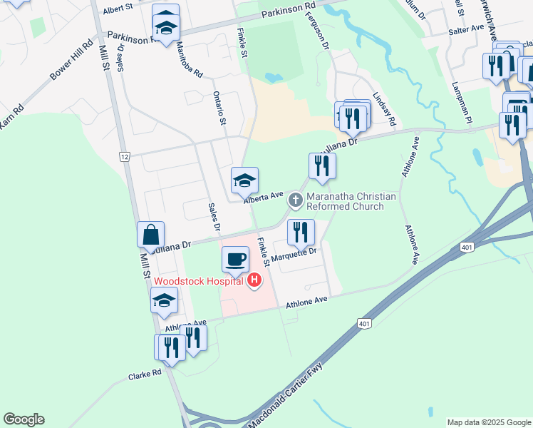 map of restaurants, bars, coffee shops, grocery stores, and more near 511 Finkle Street in Beachville
