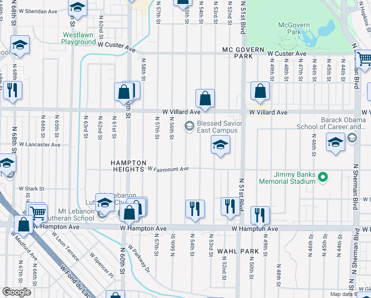 map of restaurants, bars, coffee shops, grocery stores, and more near North 55th Street in Milwaukee