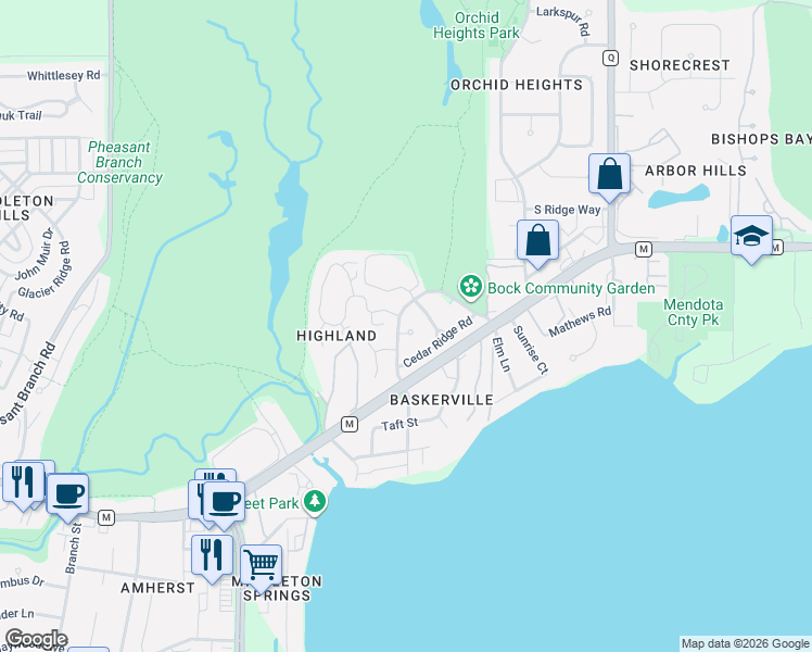 map of restaurants, bars, coffee shops, grocery stores, and more near 5705 Highland Way in Middleton