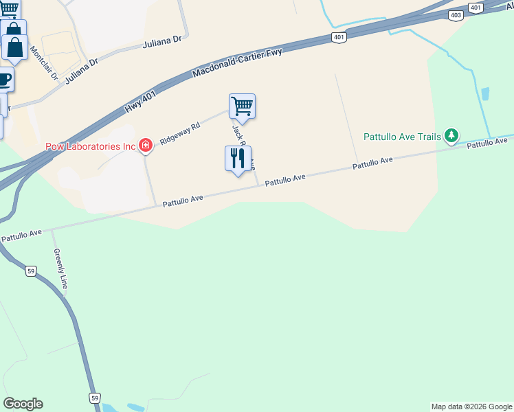 map of restaurants, bars, coffee shops, grocery stores, and more near 545228 Pattullo Avenue in Woodstock
