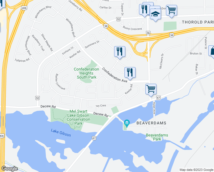 map of restaurants, bars, coffee shops, grocery stores, and more near 41 Buchanan Crescent in Thorold