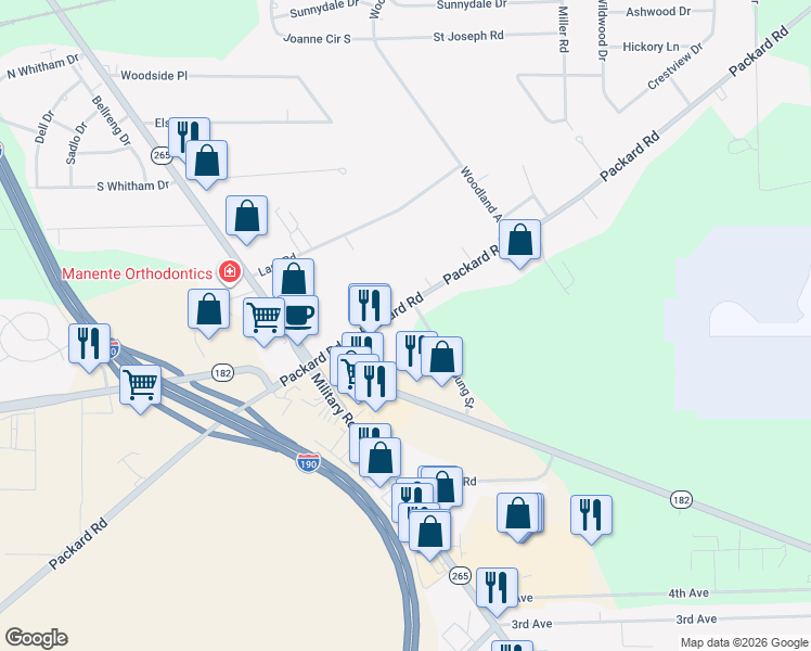 map of restaurants, bars, coffee shops, grocery stores, and more near 7201 Packard Road in Niagara Falls