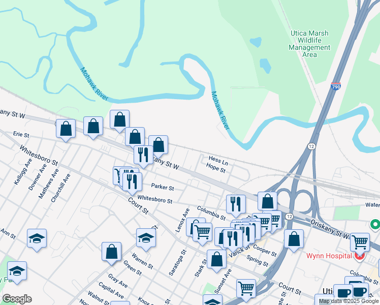 map of restaurants, bars, coffee shops, grocery stores, and more near 18 Bryant Street in Utica