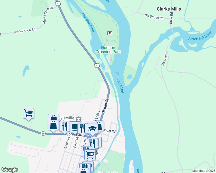 map of restaurants, bars, coffee shops, grocery stores, and more near 268 Broad Street in Schuylerville