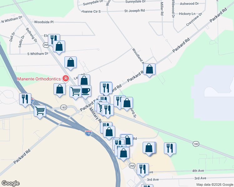 map of restaurants, bars, coffee shops, grocery stores, and more near 7201 Packard Road in Niagara Falls