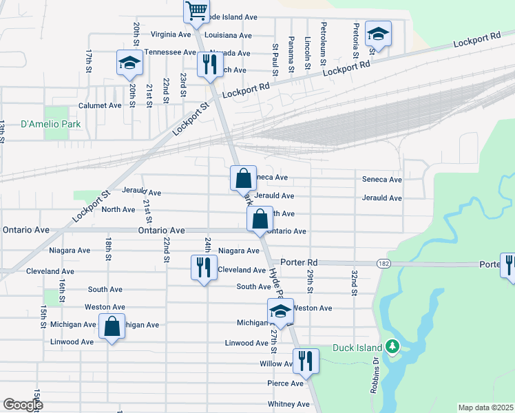 map of restaurants, bars, coffee shops, grocery stores, and more near 2323 Hyde Park Boulevard in Niagara Falls