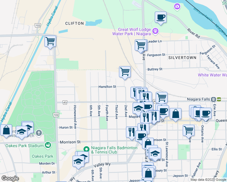 map of restaurants, bars, coffee shops, grocery stores, and more near in Niagara Falls