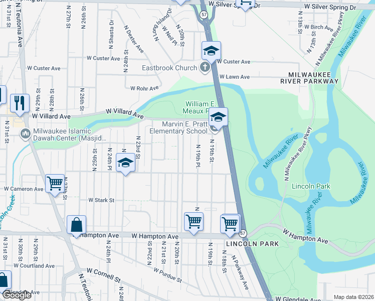 map of restaurants, bars, coffee shops, grocery stores, and more near 5084 North 20th Street in Milwaukee