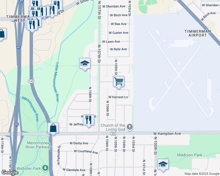 map of restaurants, bars, coffee shops, grocery stores, and more near 10517 West Lancaster Avenue in Milwaukee