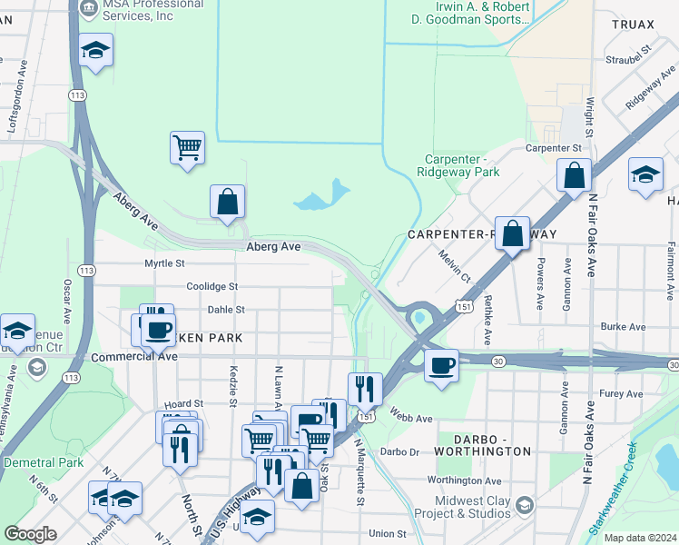 map of restaurants, bars, coffee shops, grocery stores, and more near 914 North Oak Street in Madison