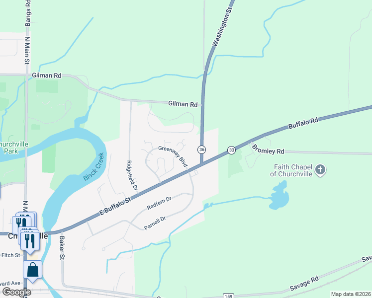map of restaurants, bars, coffee shops, grocery stores, and more near 68 Greenway Boulevard in Churchville