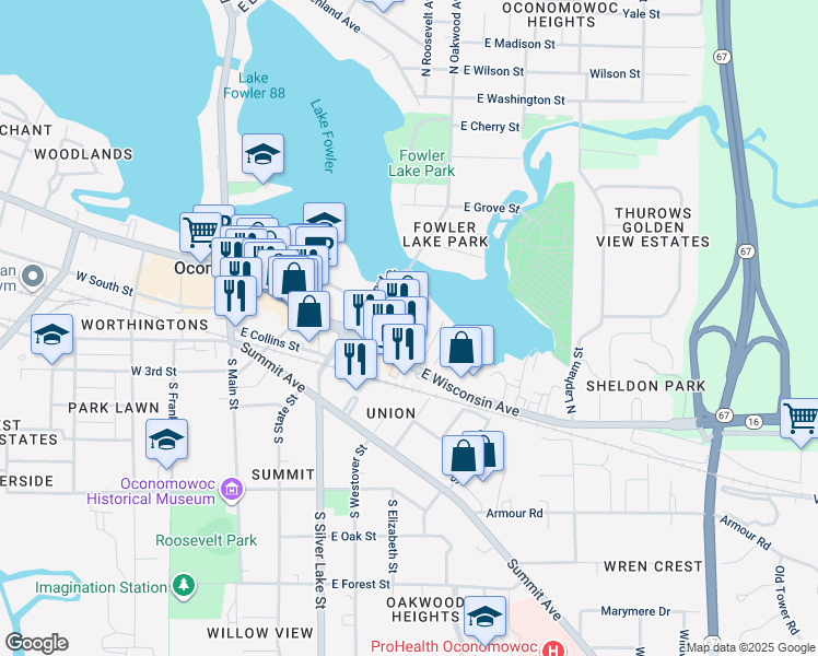 map of restaurants, bars, coffee shops, grocery stores, and more near 201 North Fowler Street in Oconomowoc