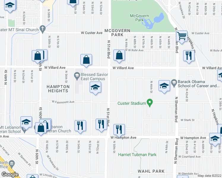 map of restaurants, bars, coffee shops, grocery stores, and more near 5062 North 51st Boulevard in Milwaukee