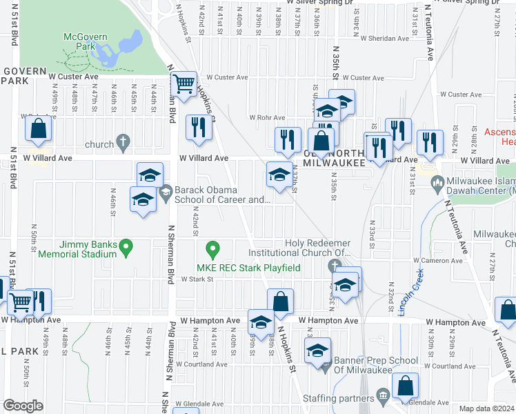 map of restaurants, bars, coffee shops, grocery stores, and more near 5064 North 39th Street in Milwaukee