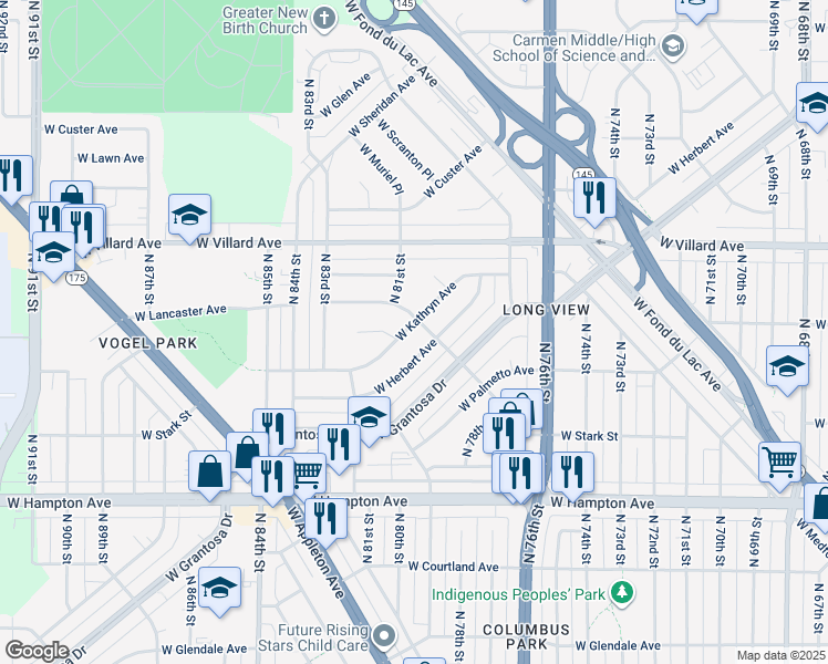 map of restaurants, bars, coffee shops, grocery stores, and more near 8011 West Kathryn Avenue in Milwaukee