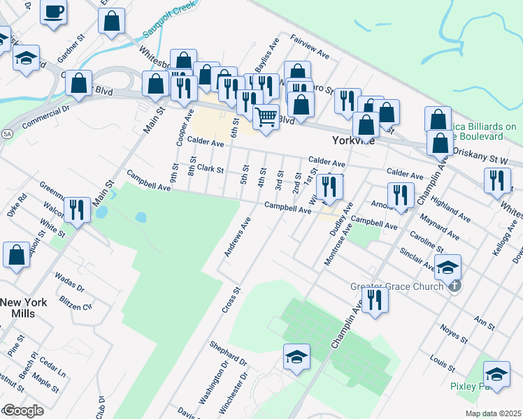 map of restaurants, bars, coffee shops, grocery stores, and more near 107 Campbell Avenue in Yorkville