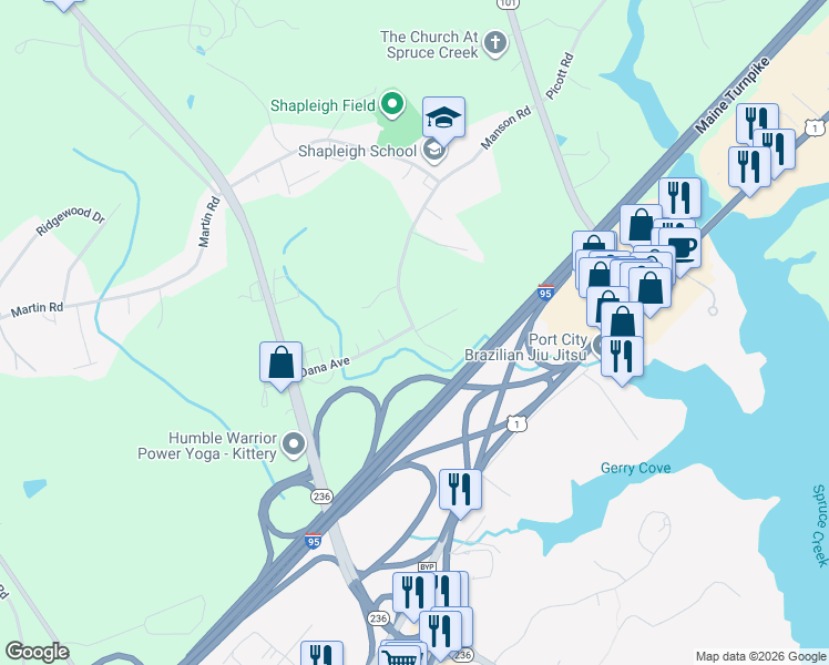 map of restaurants, bars, coffee shops, grocery stores, and more near 24 Dana Avenue in Kittery