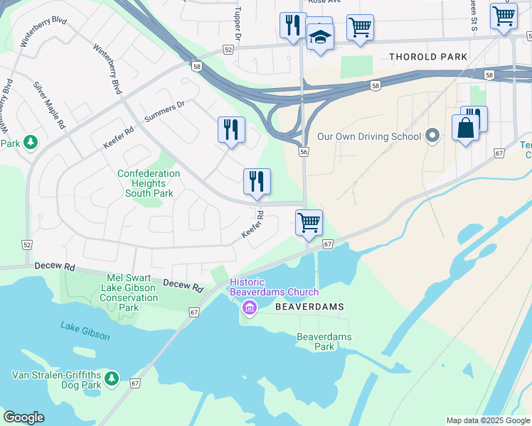 map of restaurants, bars, coffee shops, grocery stores, and more near 84 Lampman Crescent in Thorold