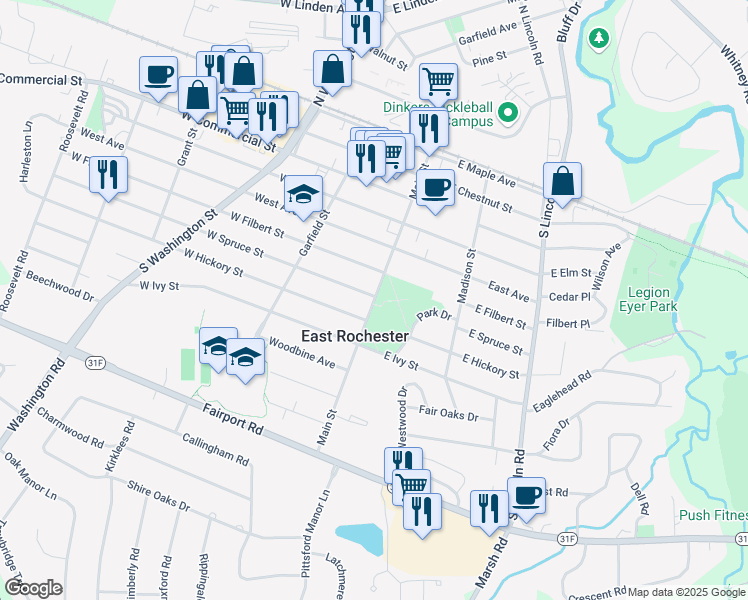 map of restaurants, bars, coffee shops, grocery stores, and more near 751 Main Street in East Rochester