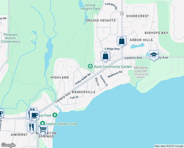 map of restaurants, bars, coffee shops, grocery stores, and more near 5601 Cedar Ridge Road in Middleton