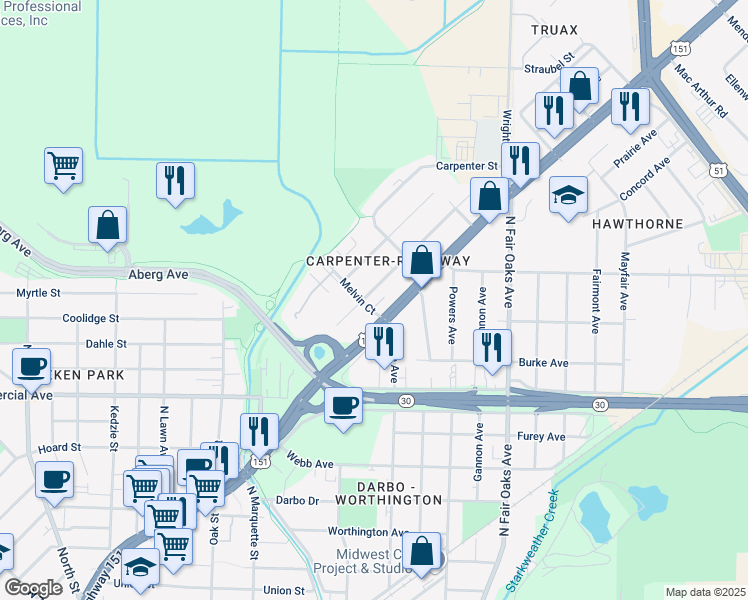 map of restaurants, bars, coffee shops, grocery stores, and more near 905 Melvin Court in Madison