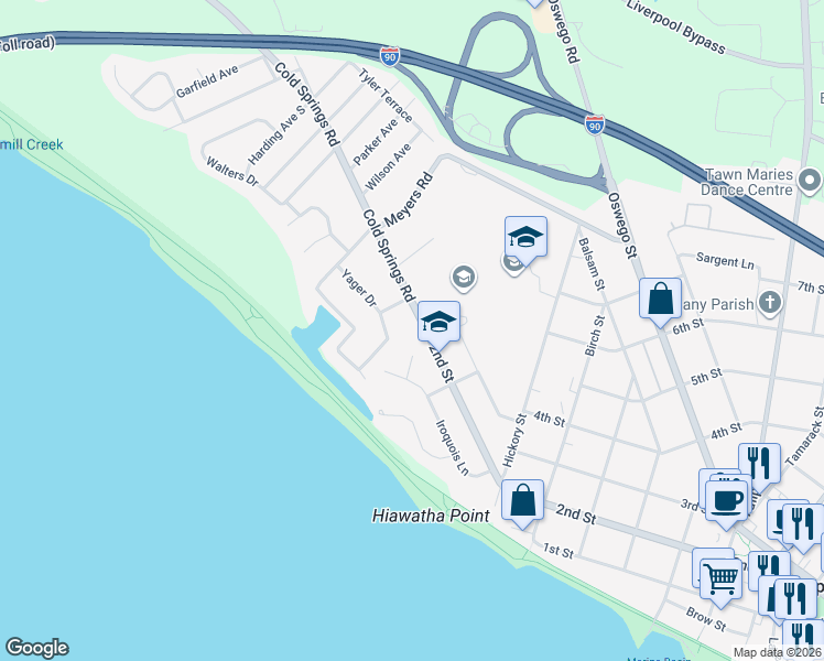 map of restaurants, bars, coffee shops, grocery stores, and more near 105 Sun Harbor Drive in Liverpool