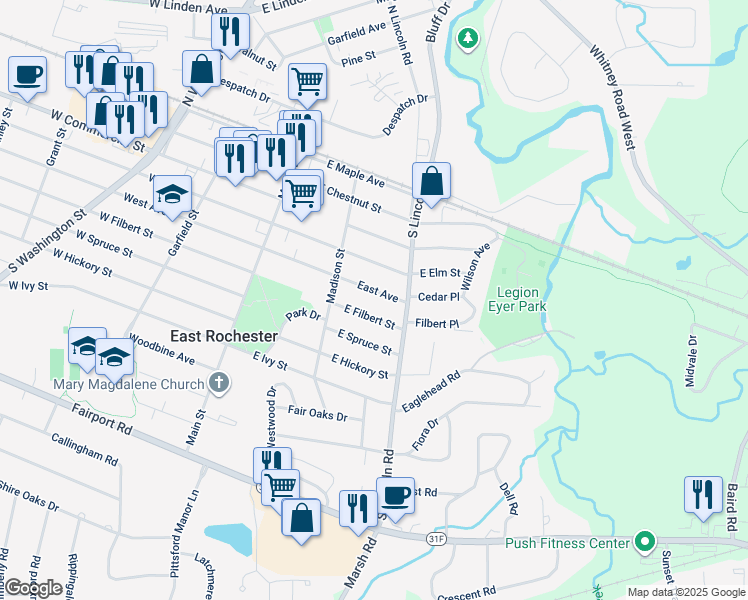 map of restaurants, bars, coffee shops, grocery stores, and more near 224 East Avenue in East Rochester