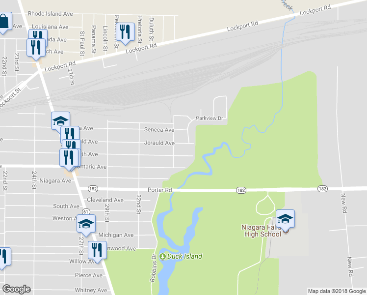 map of restaurants, bars, coffee shops, grocery stores, and more near 3521 Jerauld Avenue in Niagara Falls