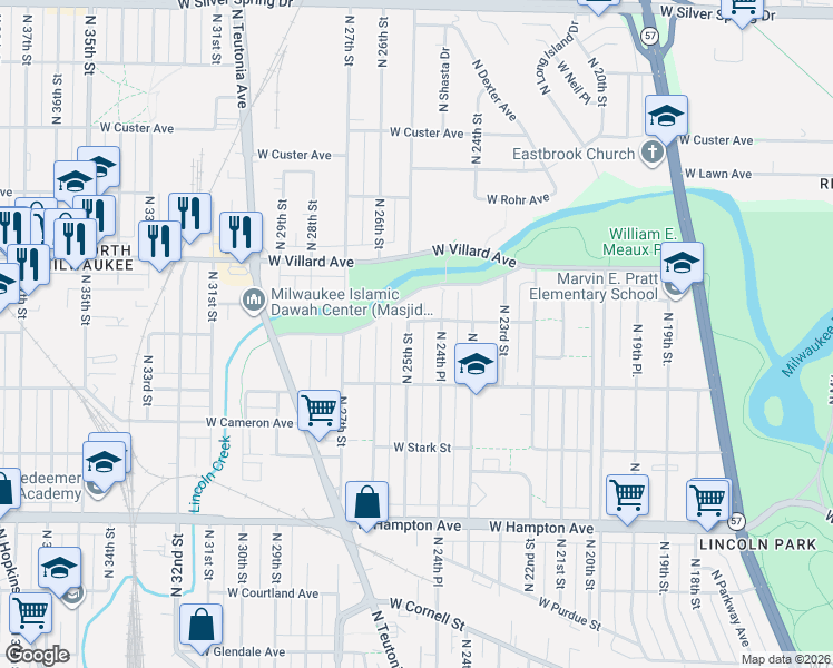 map of restaurants, bars, coffee shops, grocery stores, and more near 5076 North 25th Street in Milwaukee