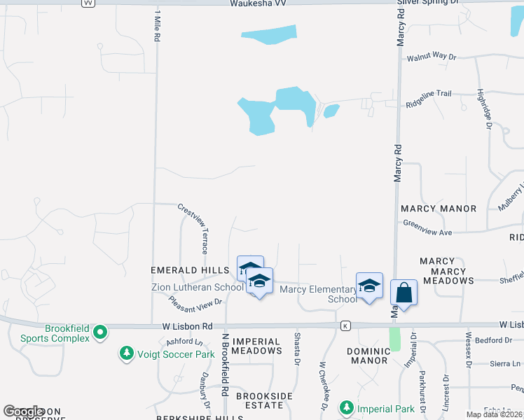 map of restaurants, bars, coffee shops, grocery stores, and more near W185N4989 Emerald Hills Drive in Menomonee Falls