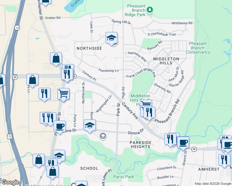 map of restaurants, bars, coffee shops, grocery stores, and more near 3308 High Road in Middleton