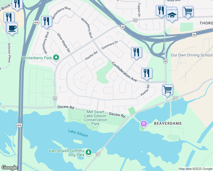 map of restaurants, bars, coffee shops, grocery stores, and more near 52 Tara Crescent in Thorold