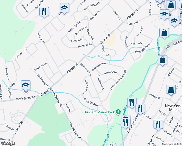 map of restaurants, bars, coffee shops, grocery stores, and more near 11 Hollywood Drive in Whitesboro