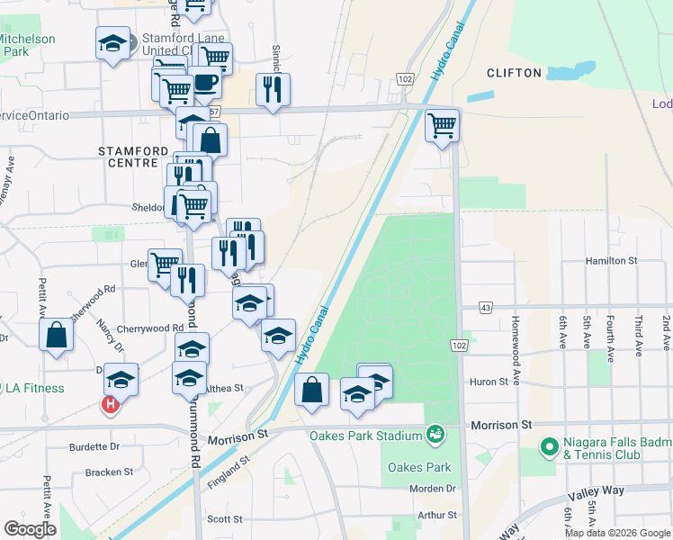 map of restaurants, bars, coffee shops, grocery stores, and more near Millennium Recreational Trail in Niagara Falls