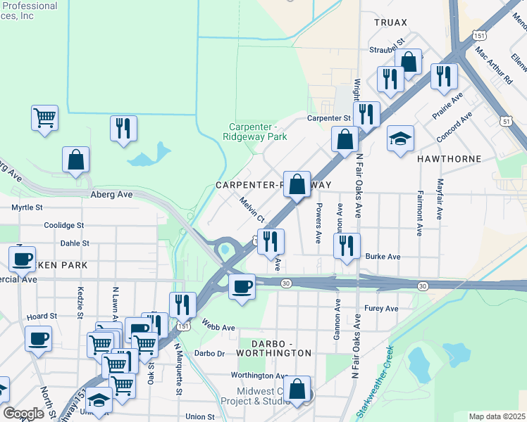 map of restaurants, bars, coffee shops, grocery stores, and more near 3205 Ridgeway Avenue in Madison
