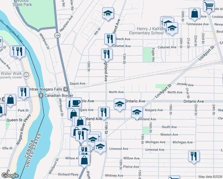map of restaurants, bars, coffee shops, grocery stores, and more near 2315 11th Street in Niagara Falls